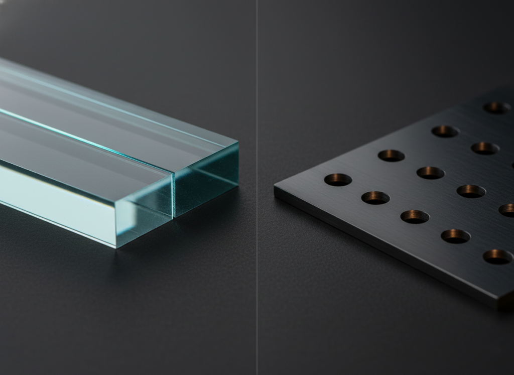 Glass with an ultra-fine cut beside metal with laser-drilled holes, showing material-based laser choice