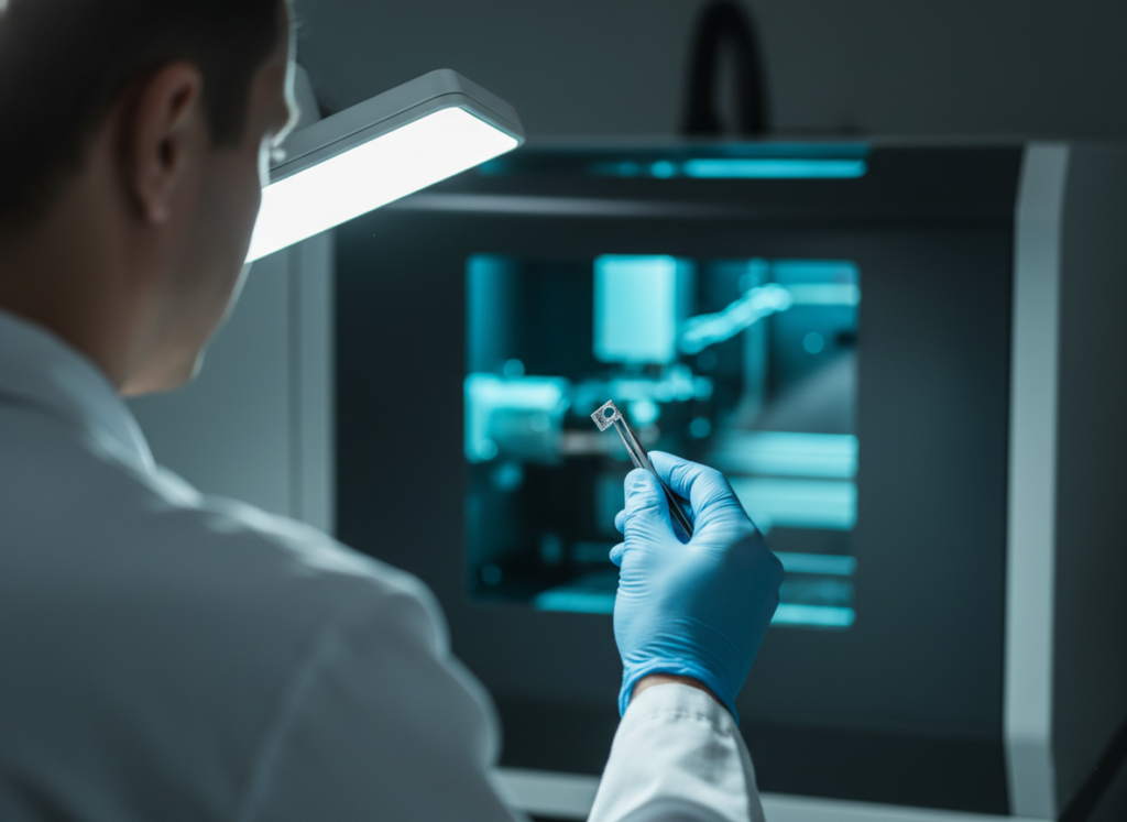 Engineer inspecting a laser-processed sample while qualifying a micromachining production line