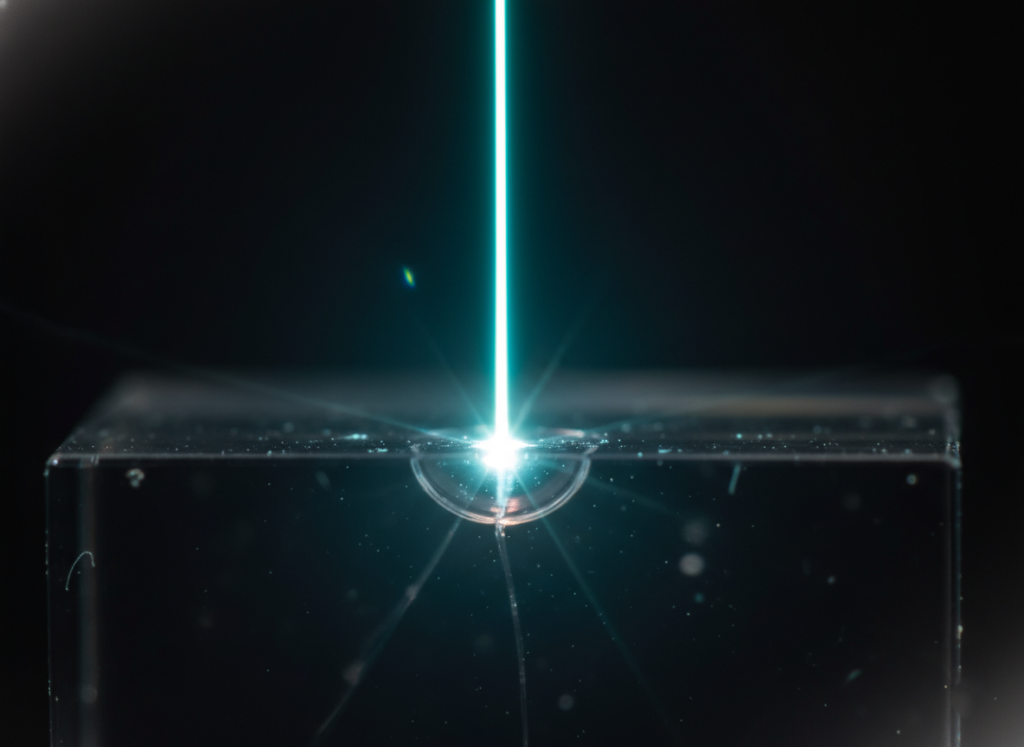 Femtosecond laser forming a clean micro-feature in transparent glass with minimal heat-affected zone