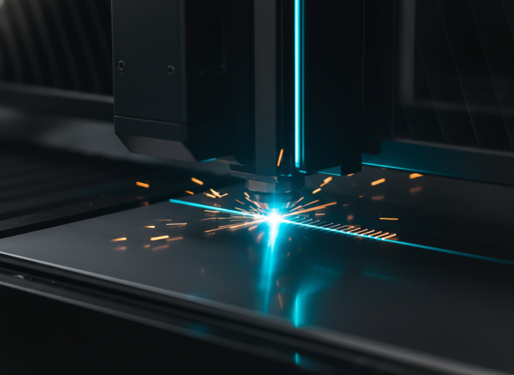 High-power picosecond laser cutting metal at production speed, showing higher throughput