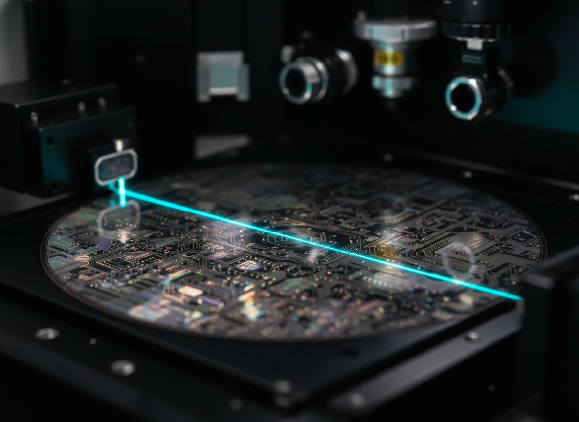 Silicon wafer scanned by a laser-based wafer defect inspection light source on an inspection stage