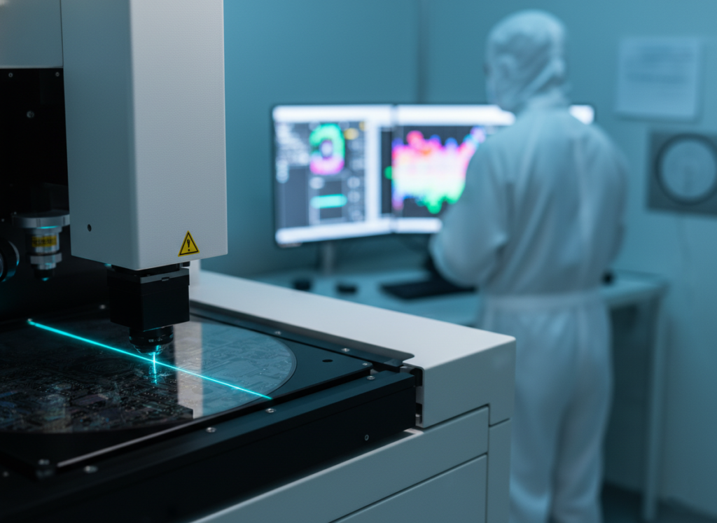 Semiconductor cleanroom inspection tool checking a silicon wafer for defects during fabrication