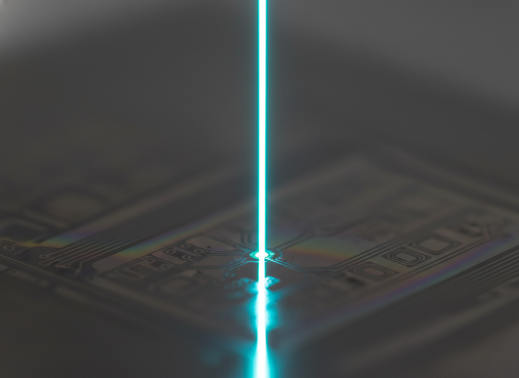 Narrow pure laser beam pinpointing a microscopic defect on a silicon wafer, showing precision over power