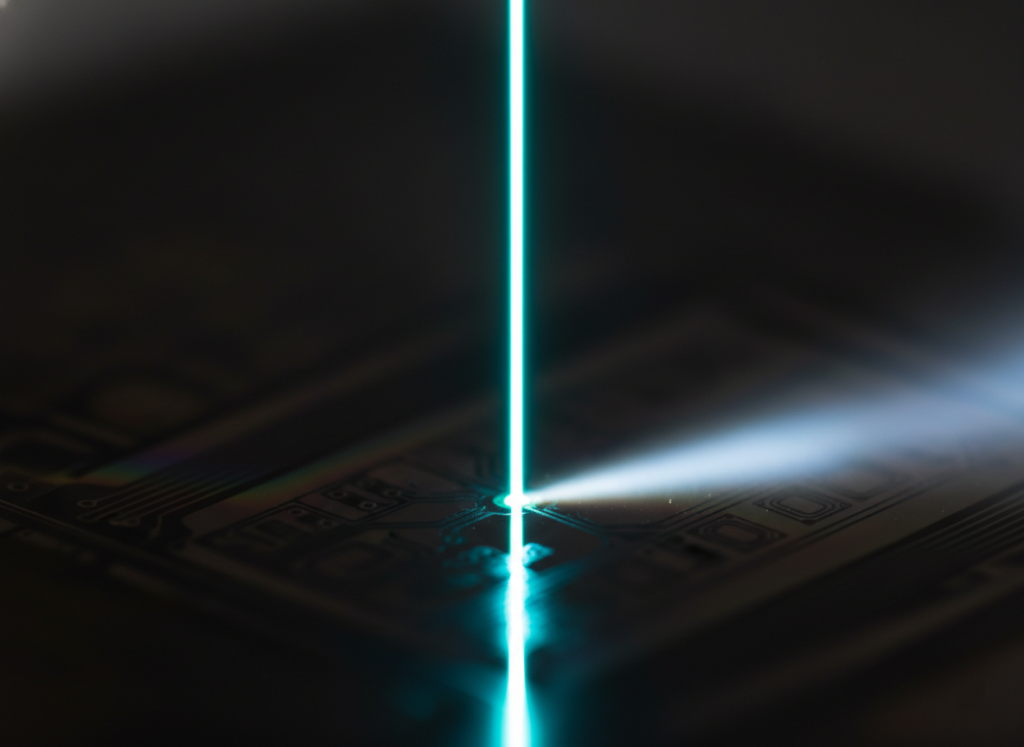 Coherent narrow-linewidth laser resolving fine wafer features, showing how spectral purity sets the detection floor