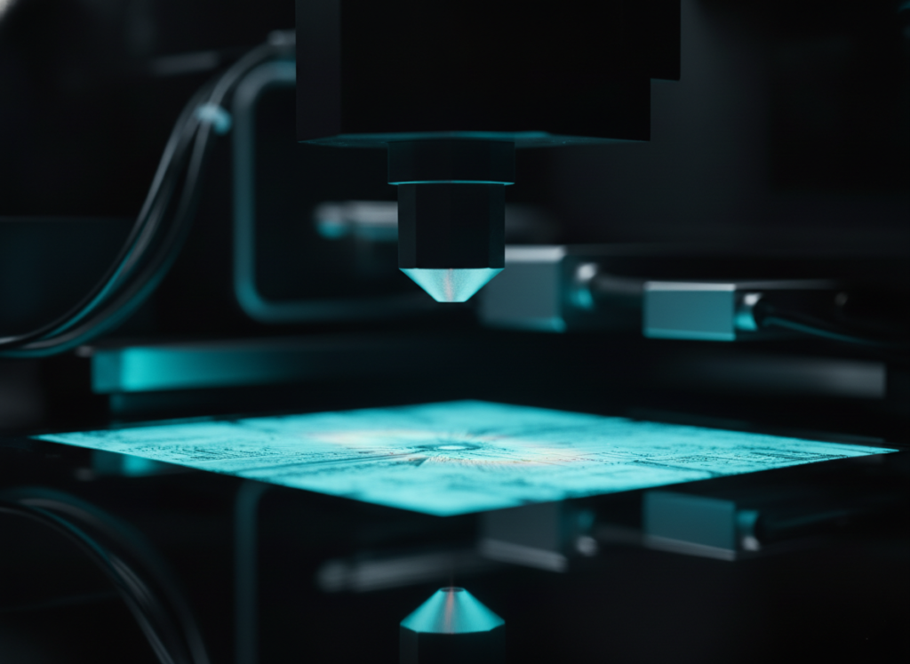 Silicon wafer under smooth even near-continuous laser illumination, showing uniform light for inspection