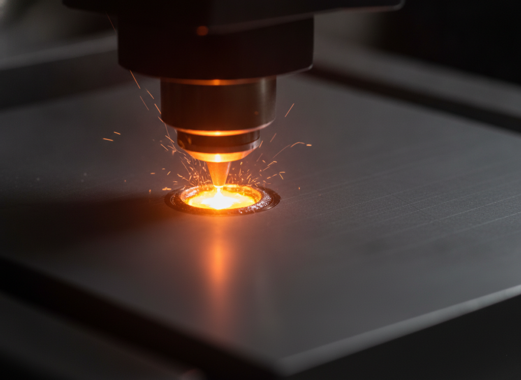 Nanosecond laser melting a metal surface with a molten pool and recast rim, showing thermal ablation