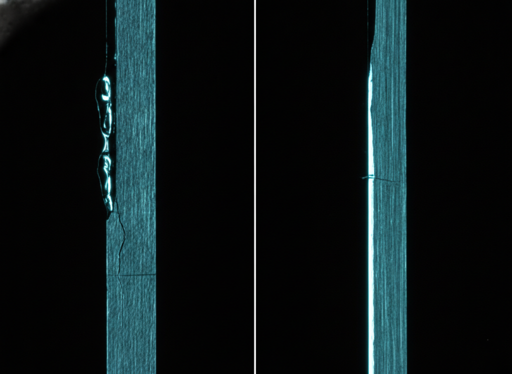 Cross-section comparing a thick nanosecond recast layer to a clean picosecond cut wall in metal