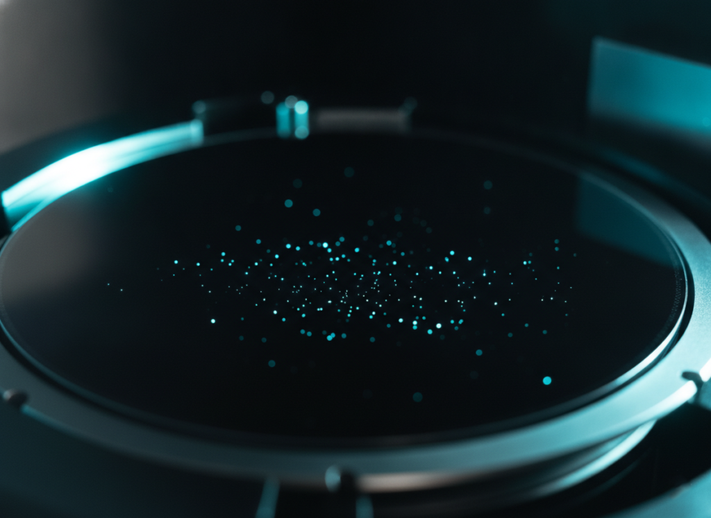 Silicon wafer under dark-field illumination with particles glowing as bright scattered points on a dark surface