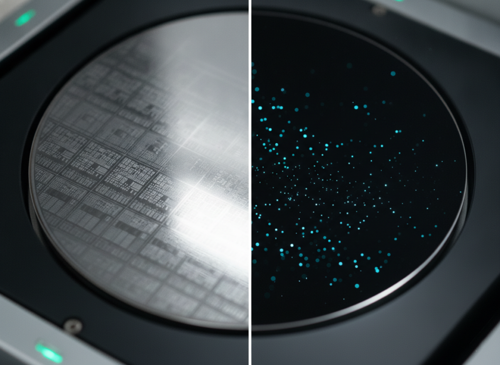 Side-by-side wafer comparison showing bright-field dark defects versus dark-field glowing particles