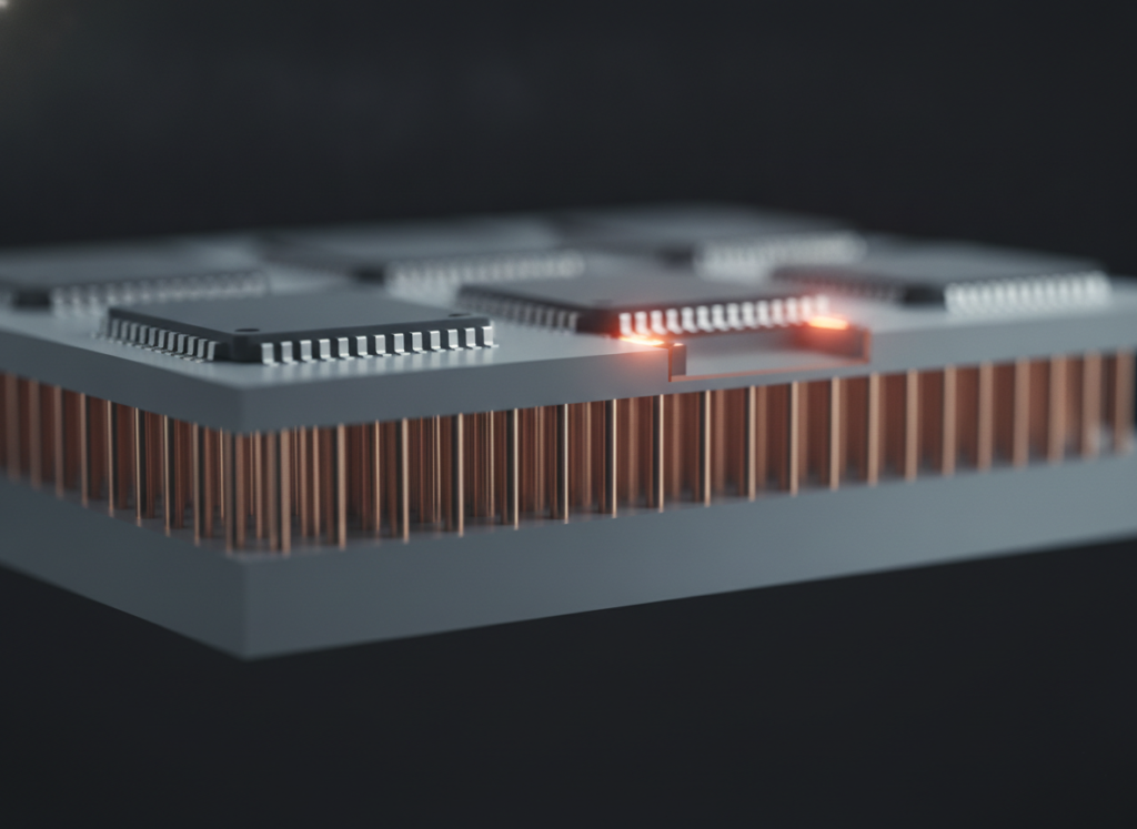 Cross-section of a silicon interposer with copper through-silicon vias carrying stacked chips