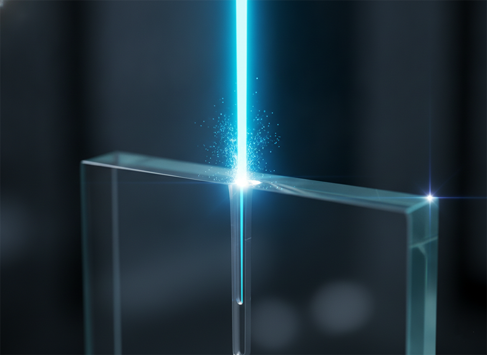Ultrafast laser forming a clean high-aspect-ratio through-glass via in a transparent glass panel