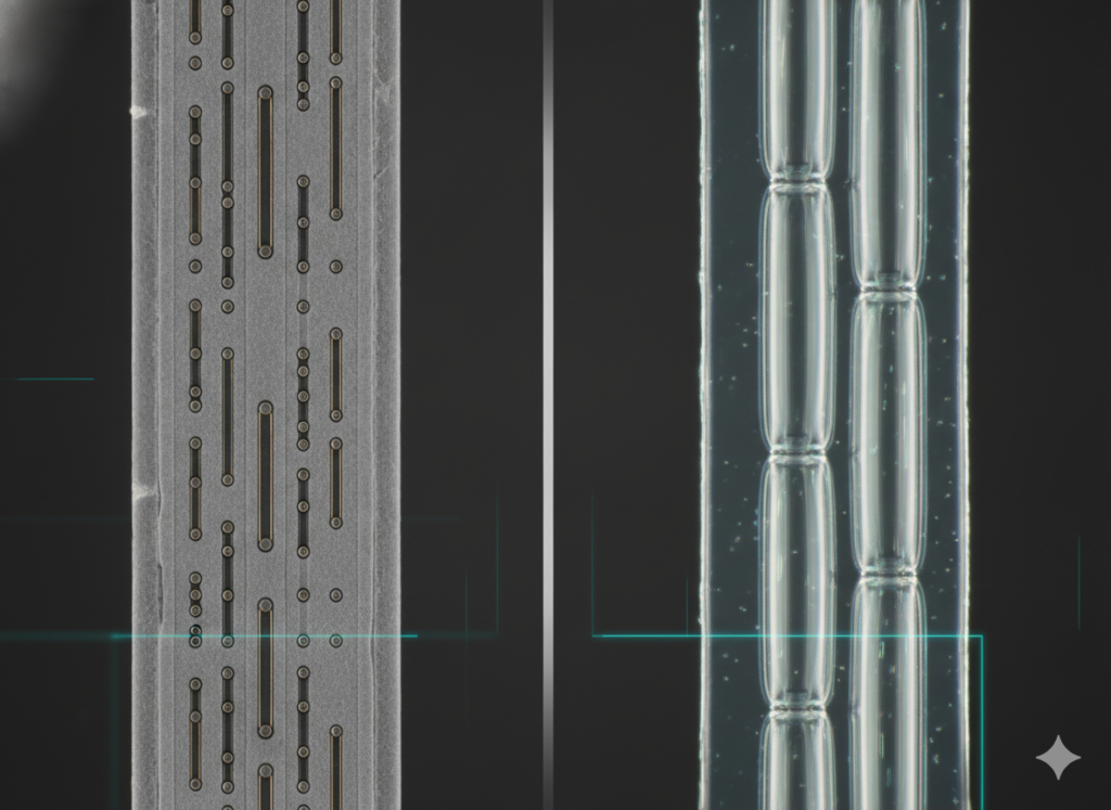 Side-by-side comparison of silicon TSV and glass TGV interposer cross-sections