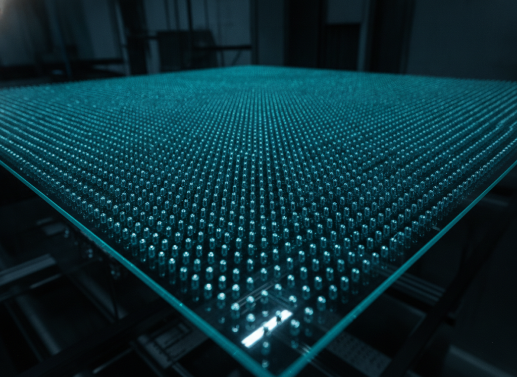 Large glass packaging panel with thousands of through-glass vias, showing panel-scale via economics