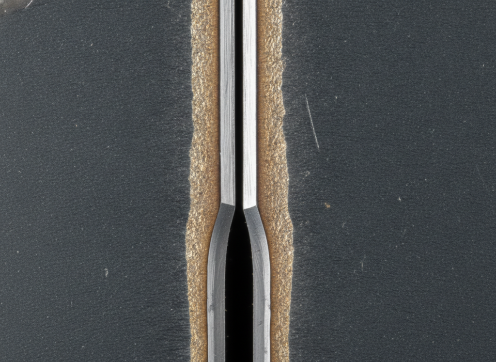 Cross-section of a laser cut showing the discolored heat-affected zone band around the kerf