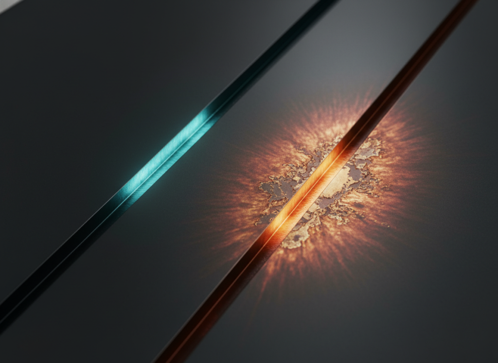 Cool low-rep-rate laser track beside a high-rep-rate track with accumulated heat, showing near-zero is not zero