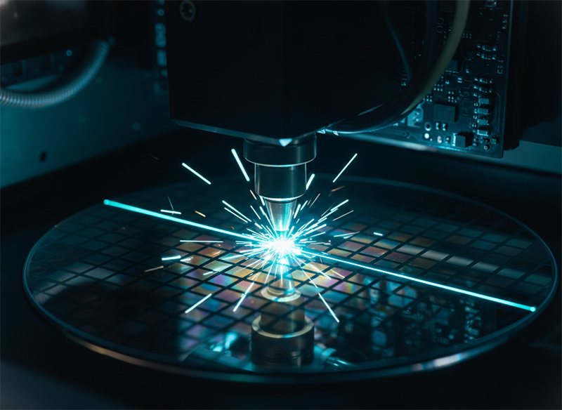 Ultrafast laser dicing a silicon wafer along the street between dies, showing ultrafast laser wafer dicing