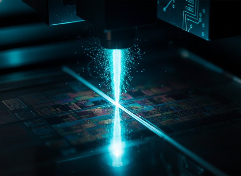 Ultrafast laser ablating a clean narrow kerf between silicon dies with no chipping