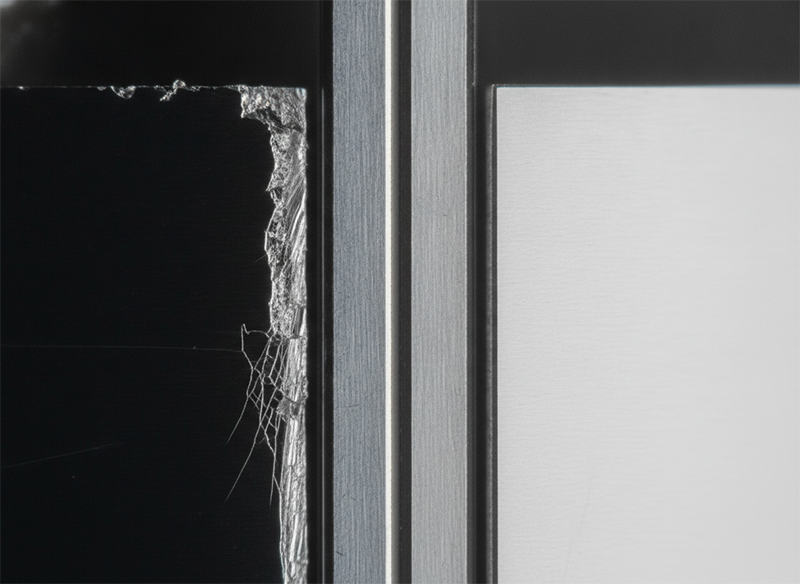 Blade-diced silicon edge with micro-cracks beside a clean laser-diced edge, showing die break strength difference