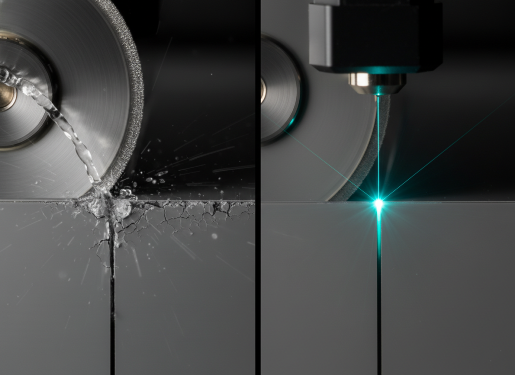 Diamond blade dicing a wafer with chipping beside contactless laser dicing with a clean narrow kerf