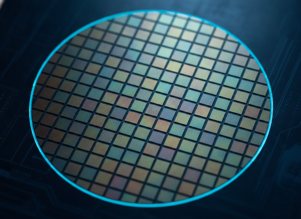 Fully diced silicon wafer with a dense grid of dies and narrow streets, showing dies-per-wafer economics