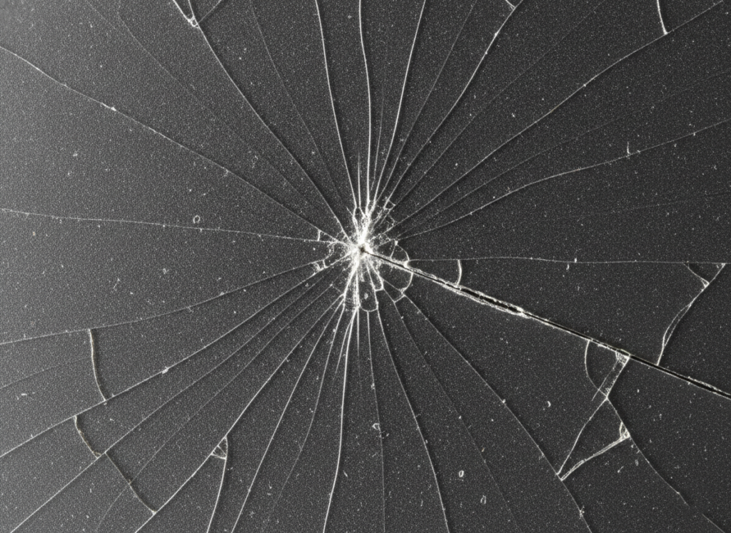Frosted glass with cracks radiating from micro-flaws on the etched surface, away from the cut line