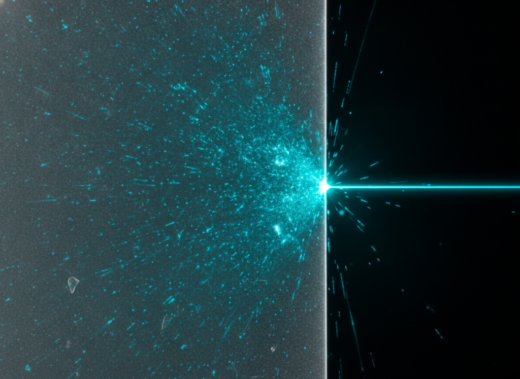 Laser beam scattering off a rough frosted glass surface, showing the optical coupling problem