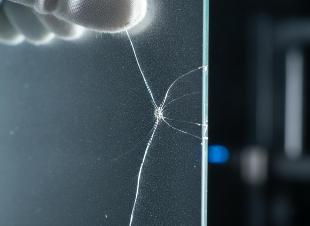 Frosted glass panel cracking later during handling, showing delayed failure from sub-surface damage