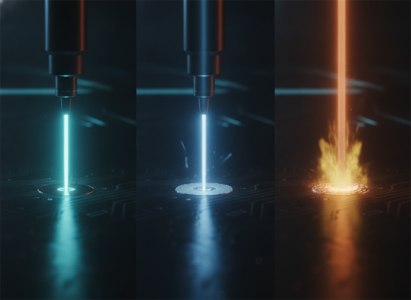 Three laser pulses of different durations on metal, comparing femtosecond, picosecond and nanosecond