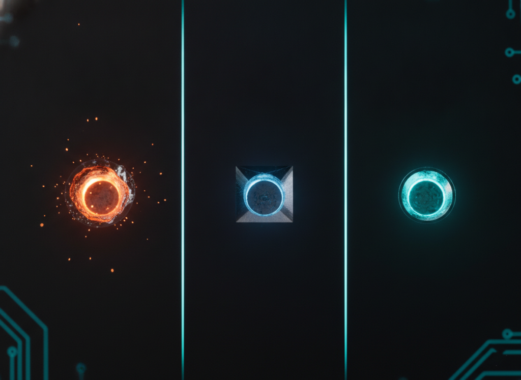 Three laser spots showing nanosecond melt, picosecond clean cut, and femtosecond cleanest result