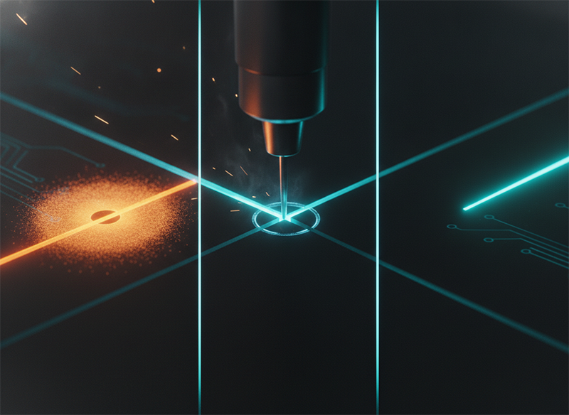 Nanosecond laser marking metal beside femtosecond laser processing glass, showing pulse duration as a match