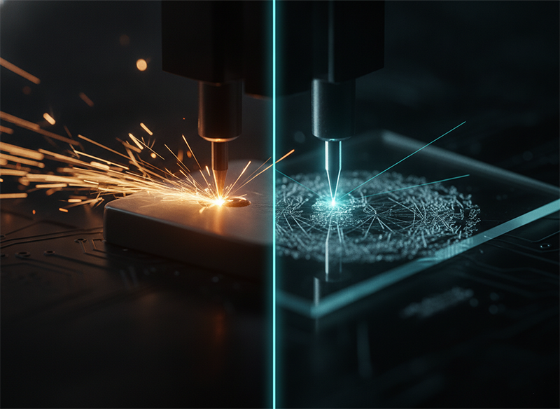 Nanosecond laser marking metal beside femtosecond laser processing glass, showing pulse duration as a match