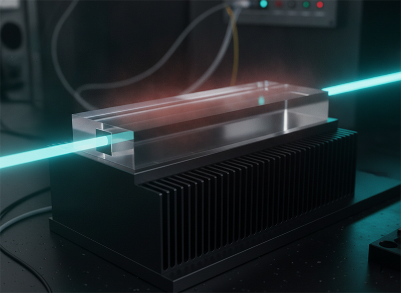 Slab laser gain medium on a heat sink amplifying a high-power beam, showing slab integrated amplification