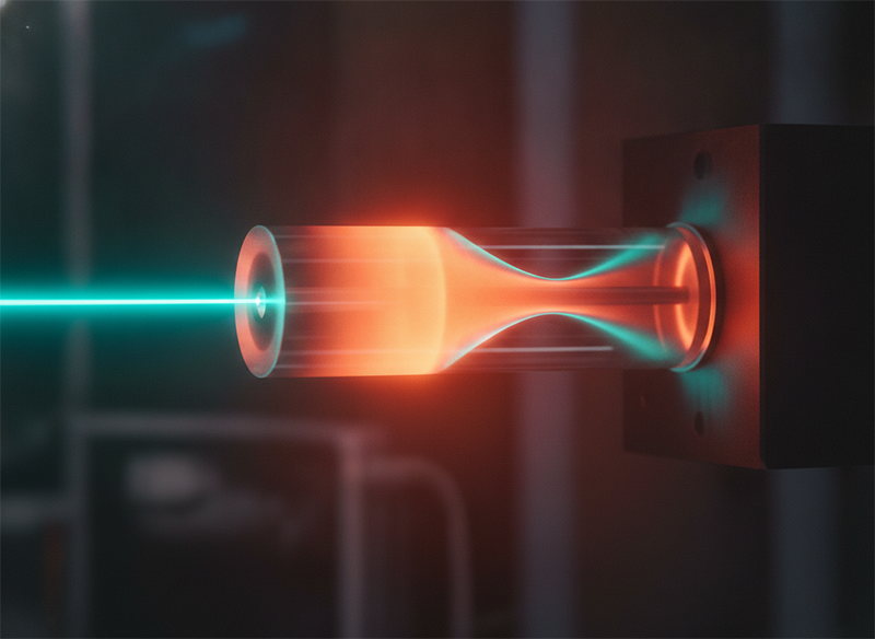 Laser beam distorting as it passes through an overheated gain rod, showing thermal lensing limits power