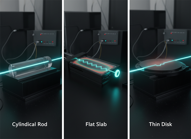 Three laser gain-medium geometries — rod, slab, and thin disk — compared for power scaling
