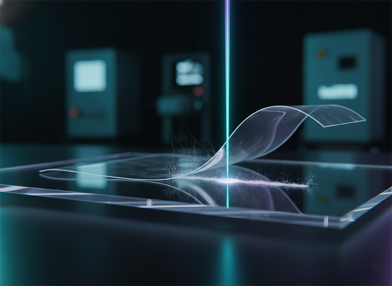 Thin device film lifting off a transparent carrier substrate after laser lift-off, released intact