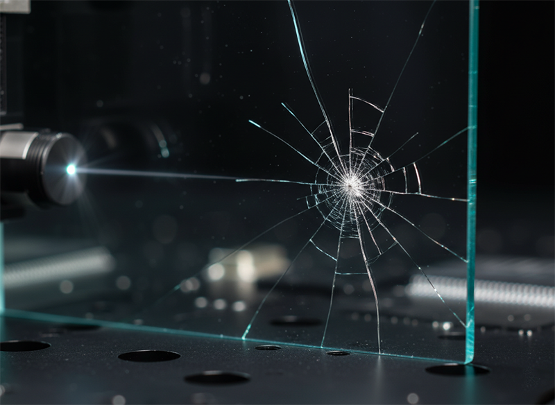 Laser beam passing through transparent glass and a thermal crack, showing why glass is hard to drill
