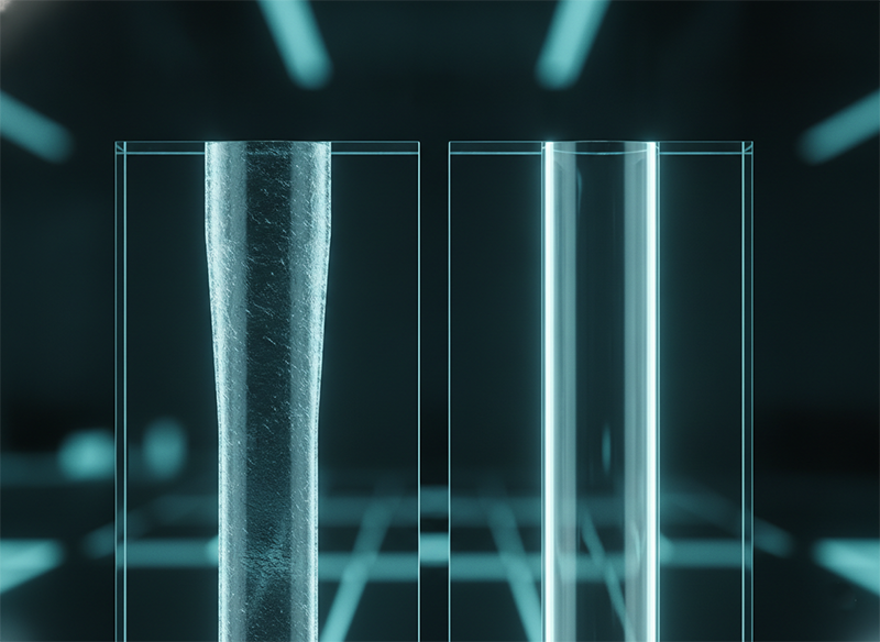 Cross-section of a through-glass via showing sidewall taper down its depth versus a clean straight via