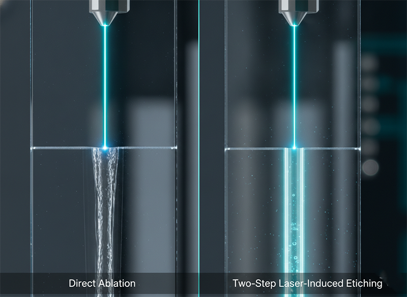 Two TGV drilling routes compared: direct laser ablation beside two-step laser-induced etching