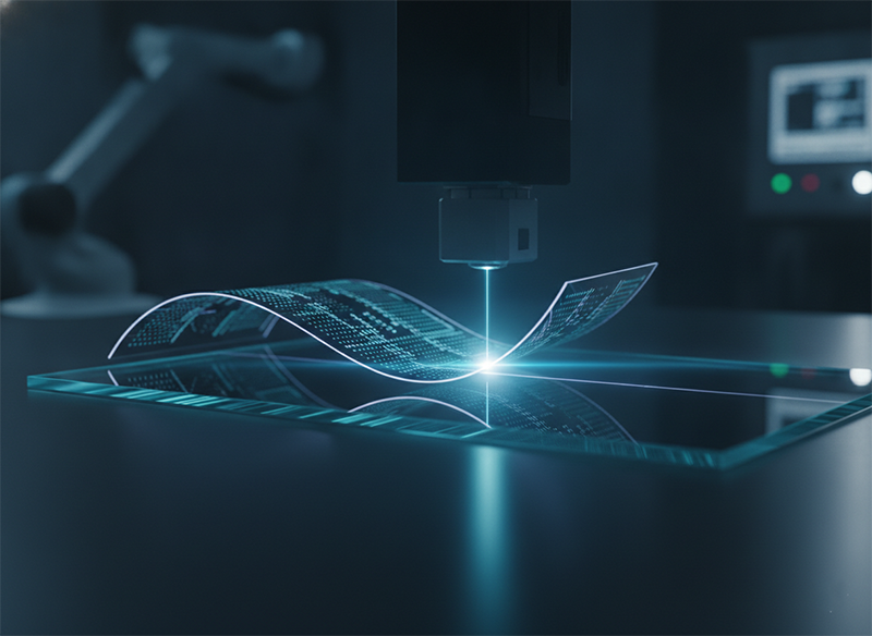 Flexible display film released from a glass carrier by laser lift-off, bending freely