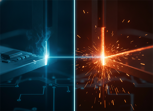 Cold laser processing a heat-sensitive part beside a thermal laser cutting robust metal, showing when each fits