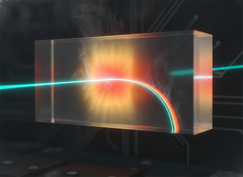 Laser gain medium with an internal thermal gradient bending the beam, showing heat removal as the core challenge