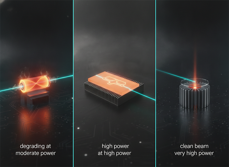 Side-by-side comparison of rod, slab, and disk amplifiers by power range and beam quality