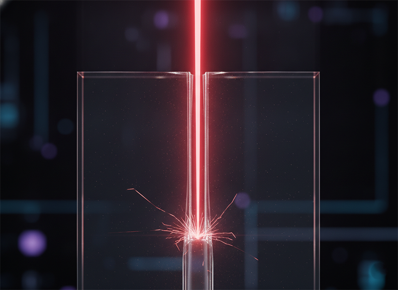 Laser beam passing through transparent glass with a stress crack, showing why glass resists deep drilling