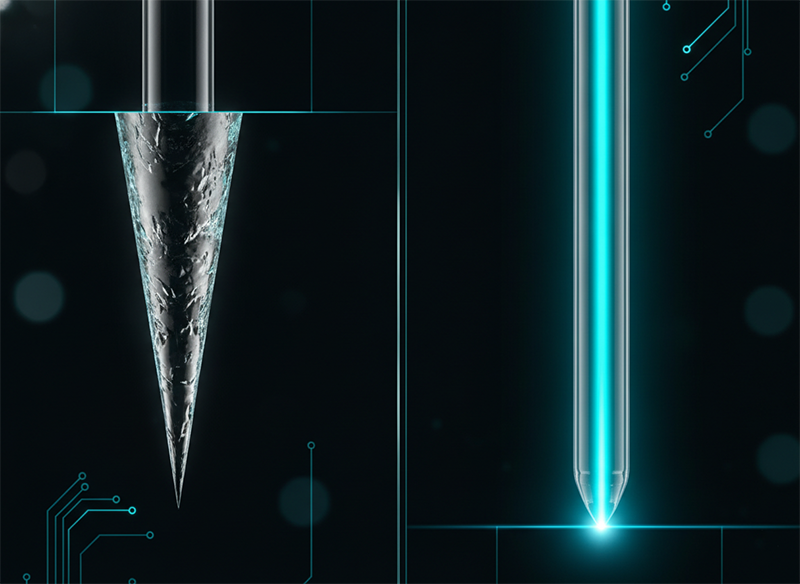 Cross-section comparing a conical single-pulse hole to a straight smooth-walled GHz-burst hole in glass