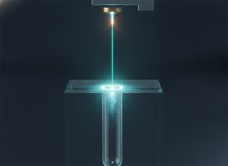 Cross-section showing multiphoton absorption forming a high-aspect-ratio via with minimal heat-affected zone in glass.