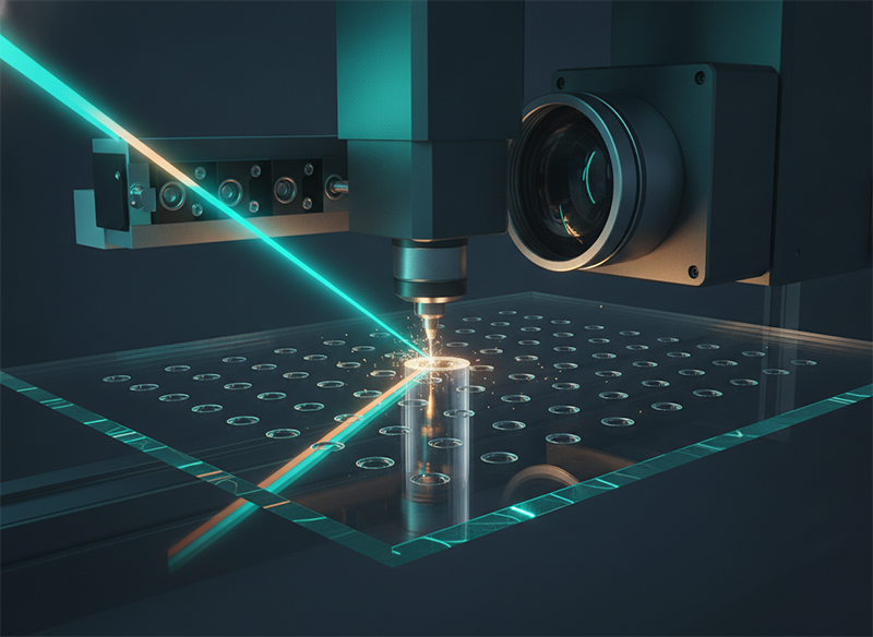 Direct laser ablation drilling a near-taperless through-glass via using femtosecond GHz burst mode.