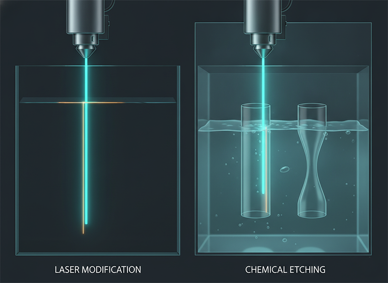 Laser modification with a Bessel beam followed by chemical etching to form straight-wall and hourglass through-glass vias.
