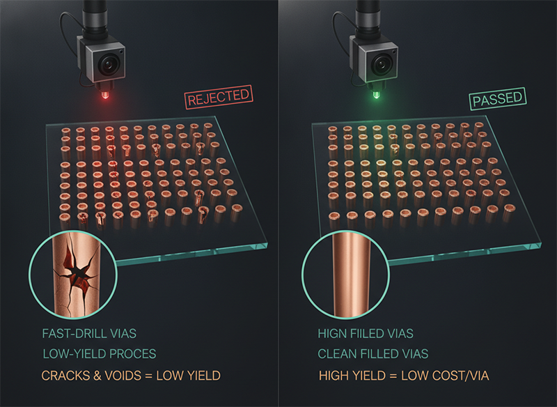 Comparison of cracked, void-filled vias versus clean filled vias illustrating cost per good via after metallization.