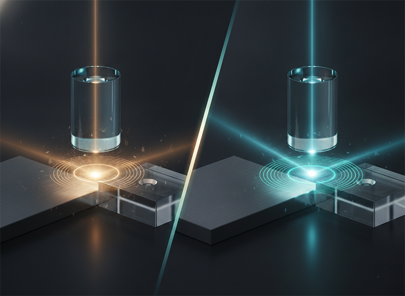 A lower-power clean laser beam focusing to a brighter, smaller spot than a higher-power degraded beam, illustrating focusable power density.