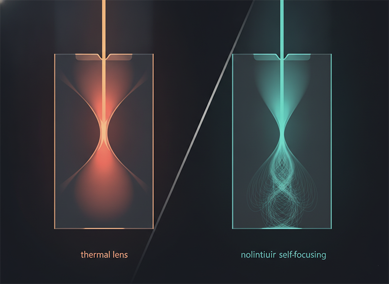 Laser gain medium showing thermal lensing and nonlinear self-focusing that degrade beam quality (M²) at high power.